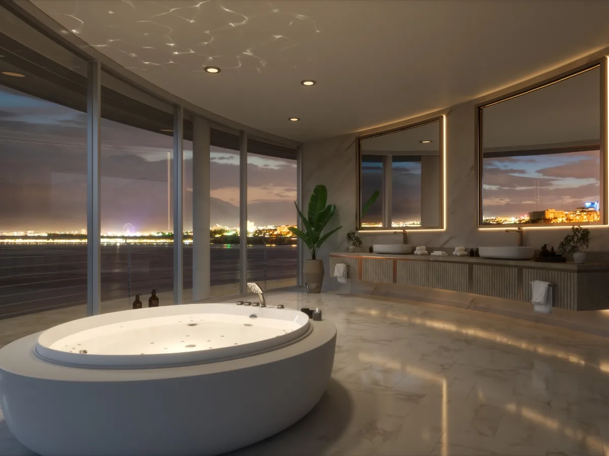 Experience Buckhead GA luxury bathroom remodeling in this modern space featuring a large round bathtub, marble floors, built-in seating, potted plant, and floor-to-ceiling windows with stunning city views at dusk.