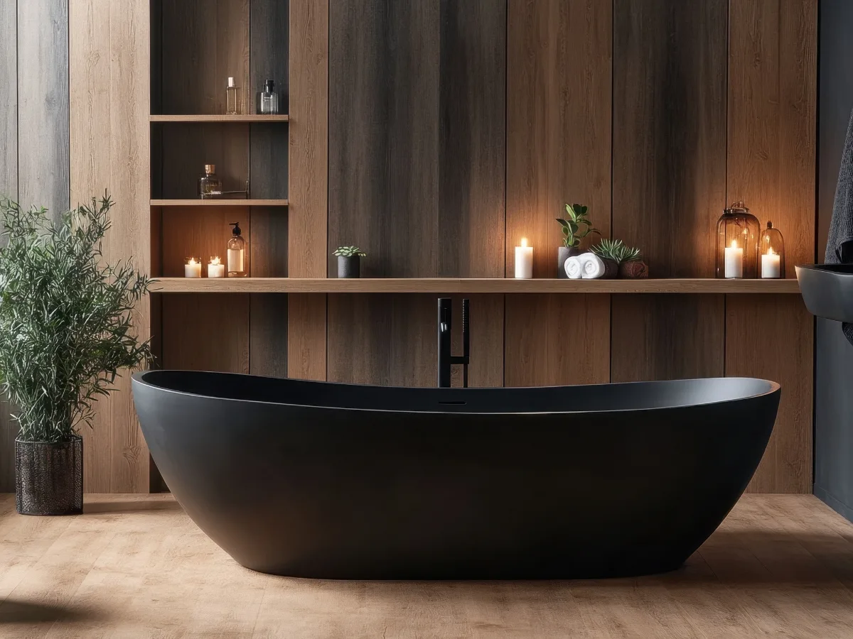 A modern bathroom showcases Buckhead GA luxury bathroom remodeling, featuring a black freestanding tub, wooden walls, shelves with decor, glowing candles, a rolled towel, and a potted plant.