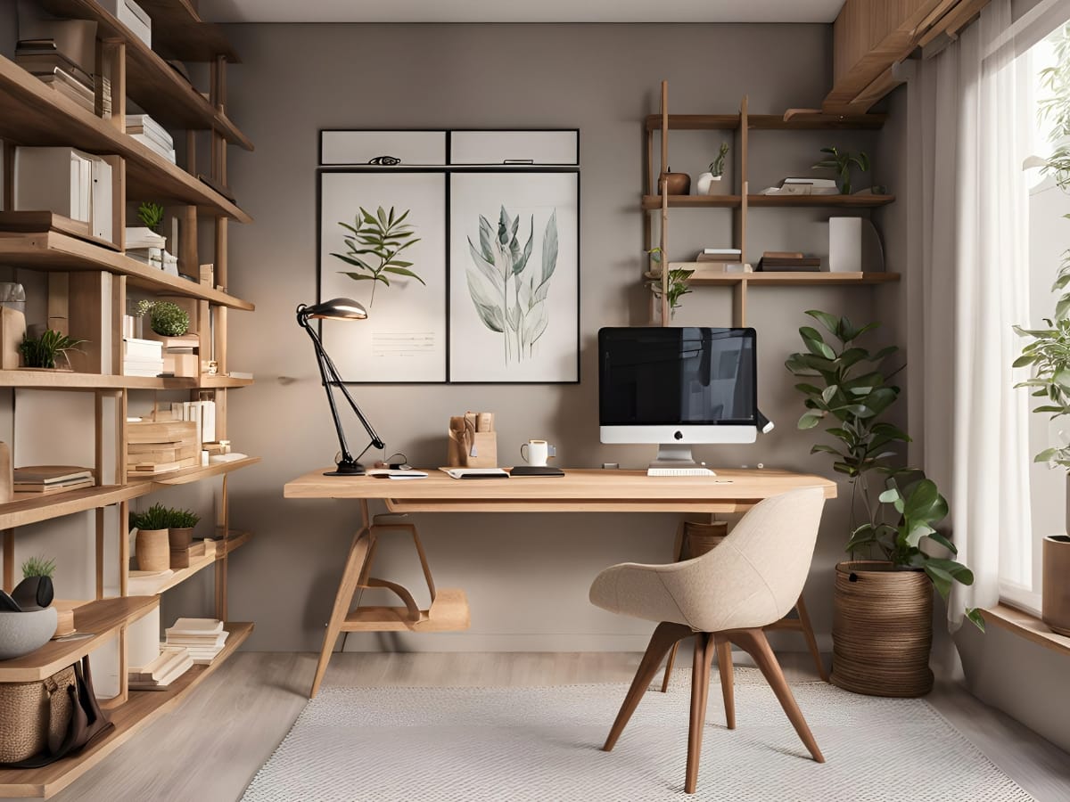Brookhaven GA Home Office Remodeling Ideas for a Productive Workspace 1 Modern home office with wooden furniture, an iMac on the desk, bookshelves, a desk lamp, plants, and botanical wall art—perfect inspiration for your next Home Office Remodeling project—bathed in natural light from a nearby window.