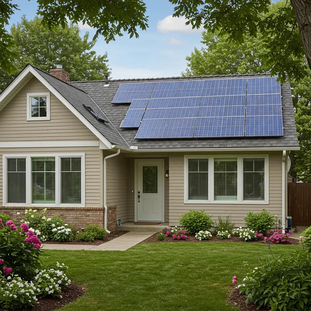 Modern energy-efficient home with solar panels and double-pane windows