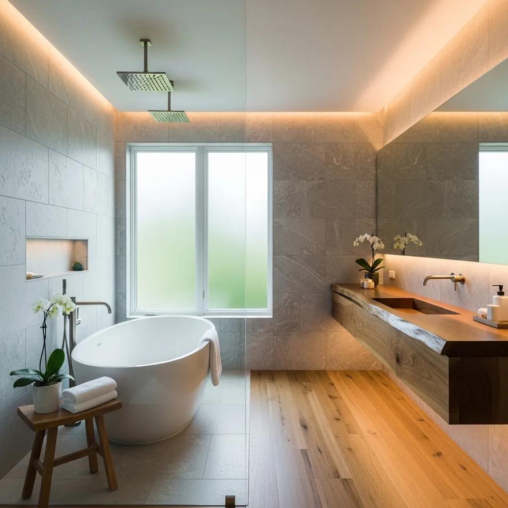 Modern Sandy Plains bathroom with spa-like features including a soaking tub and rainfall shower