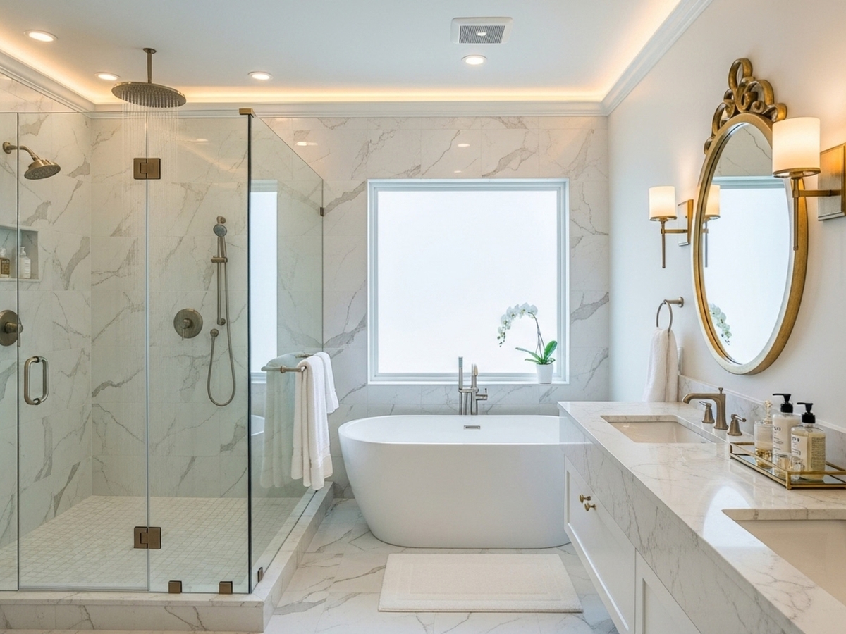 Bathroom Remodeling in Sandy Plains: The Best Modern Upgrades to Start the New Year 1 Modern bathroom with a glass shower, freestanding bathtub, marble surfaces, double vanity, and gold-framed mirror—perfect for those seeking Sandy Plains GA bathroom remodeling ideas.
