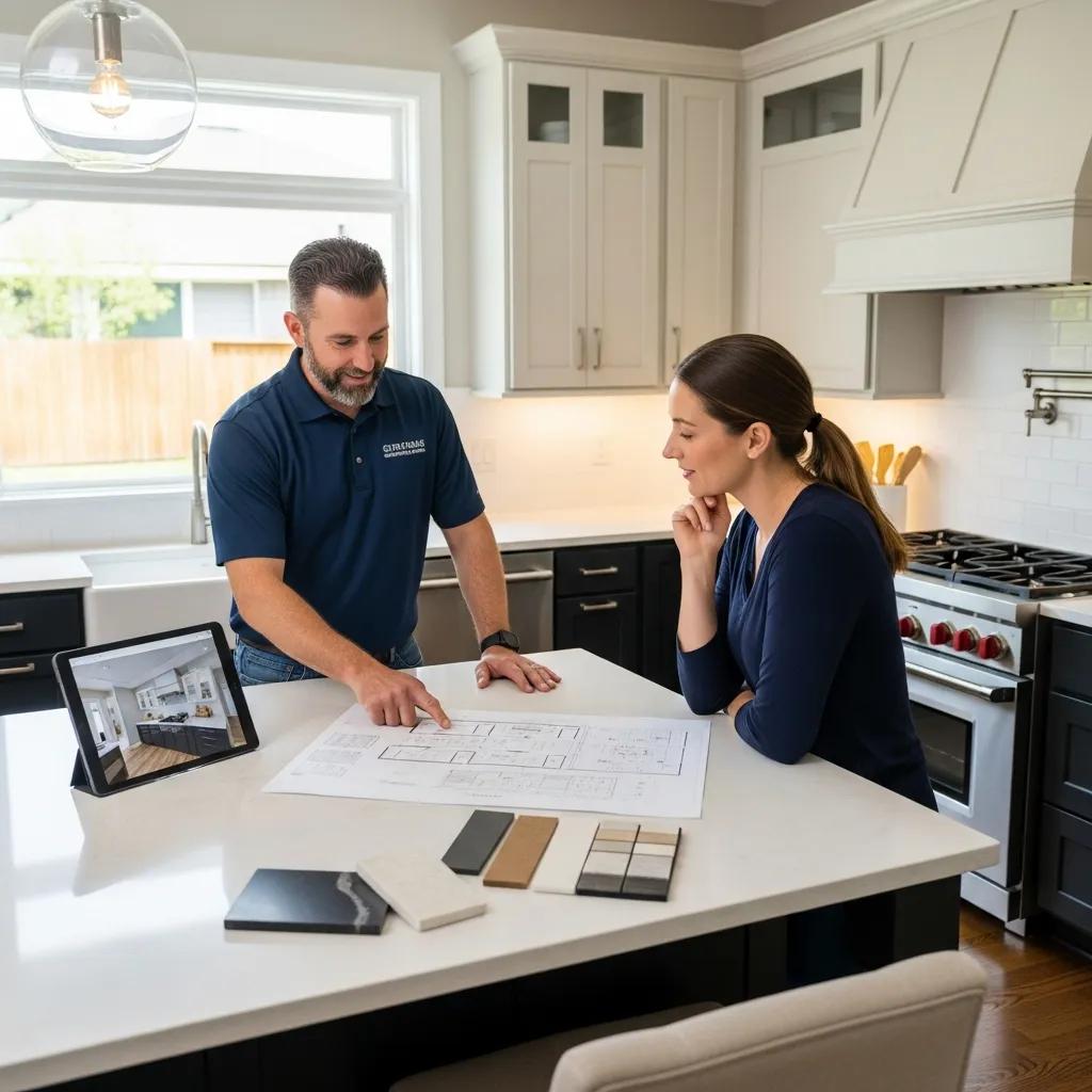 Contractor and homeowner reviewing kitchen renovation plans together