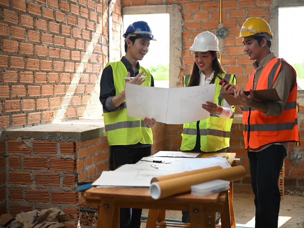 A General Contractor Checklist for Hiring the Right Professional For the Job 5 Three construction workers wearing safety vests and helmets discuss blueprints inside a partially built brick structure, referencing a contractor checklist alongside plans and tools spread out on the wooden table in front of them.