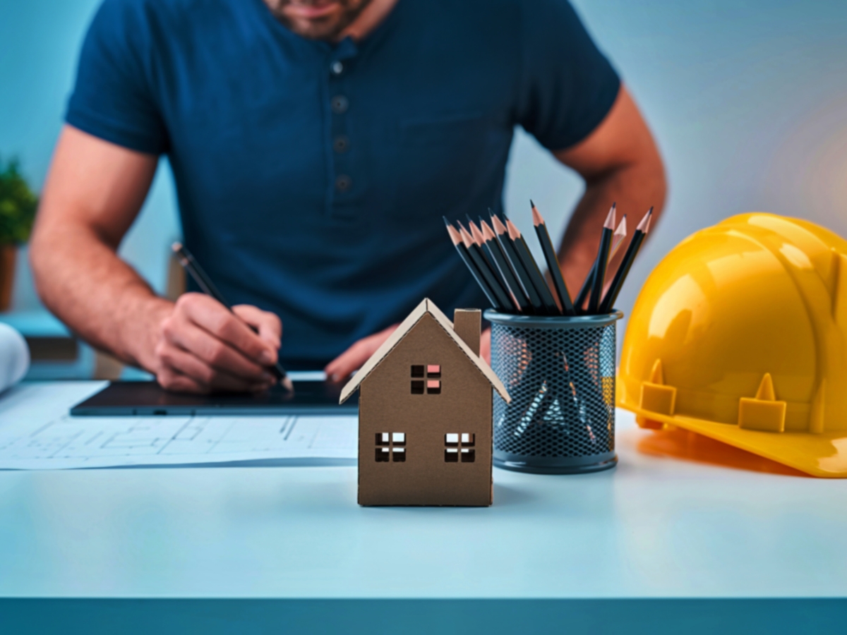 A General Contractor Checklist for Hiring the Right Professional For the Job 1 A person writes at a desk with architectural plans, a model house, pencils in a holder, a contractor checklist, and a yellow construction helmet.