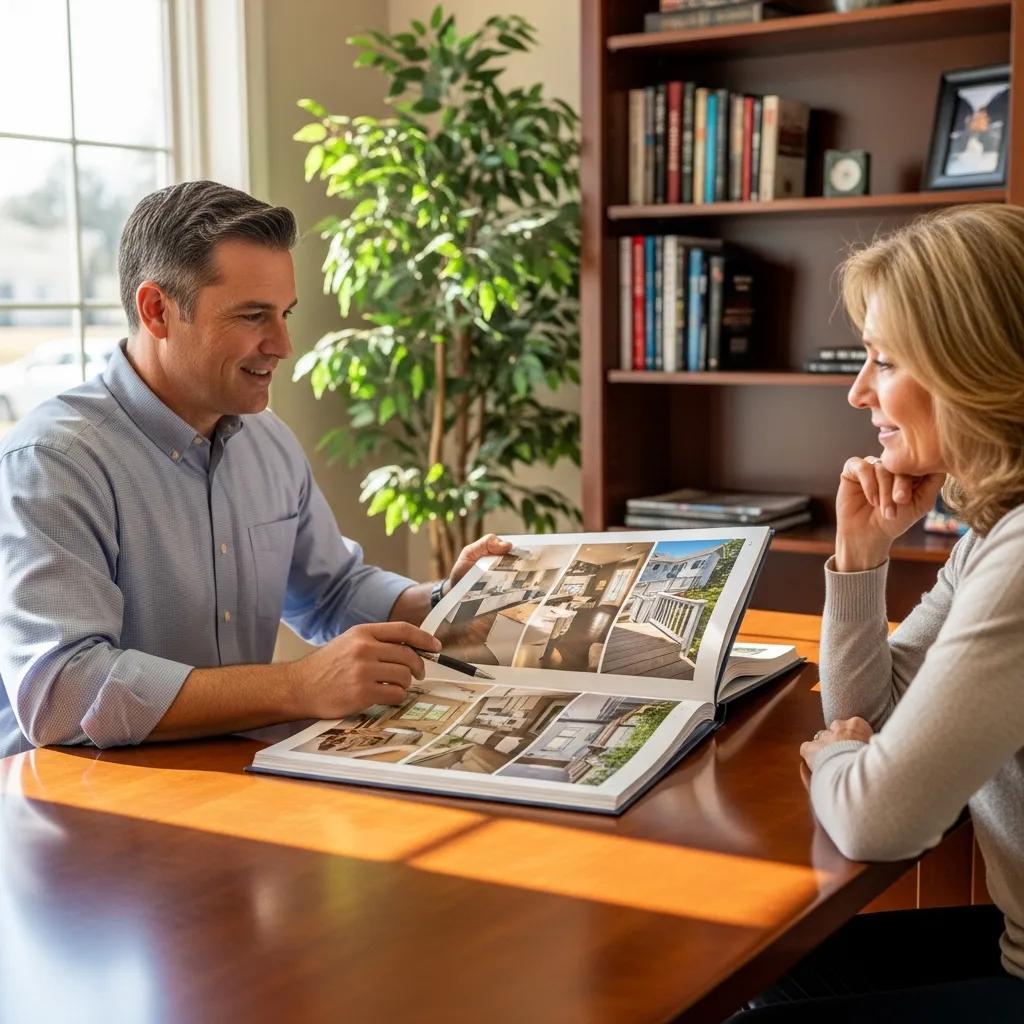 Contractor showing portfolio to homeowner in a professional setting