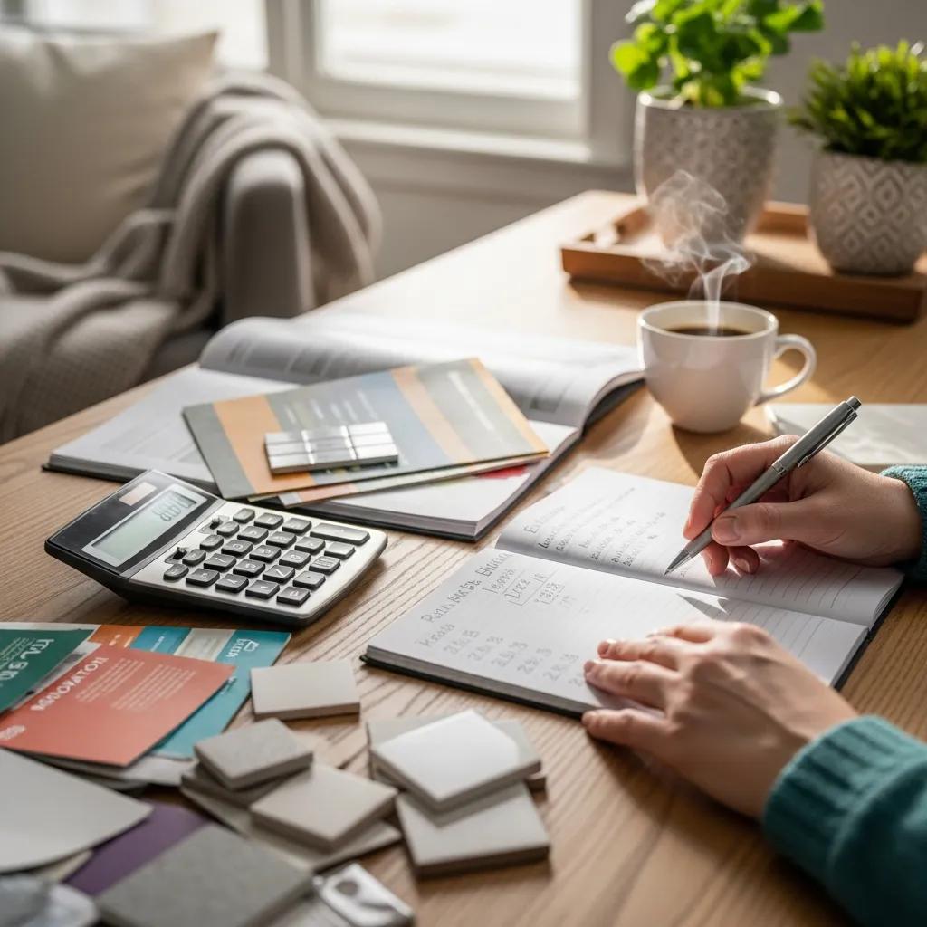 Homeowner calculating a budget for a home remodel with renovation materials