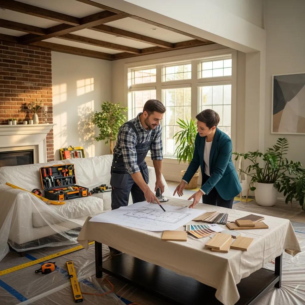 Homeowners discussing remodeling plans in a cozy living room with design samples