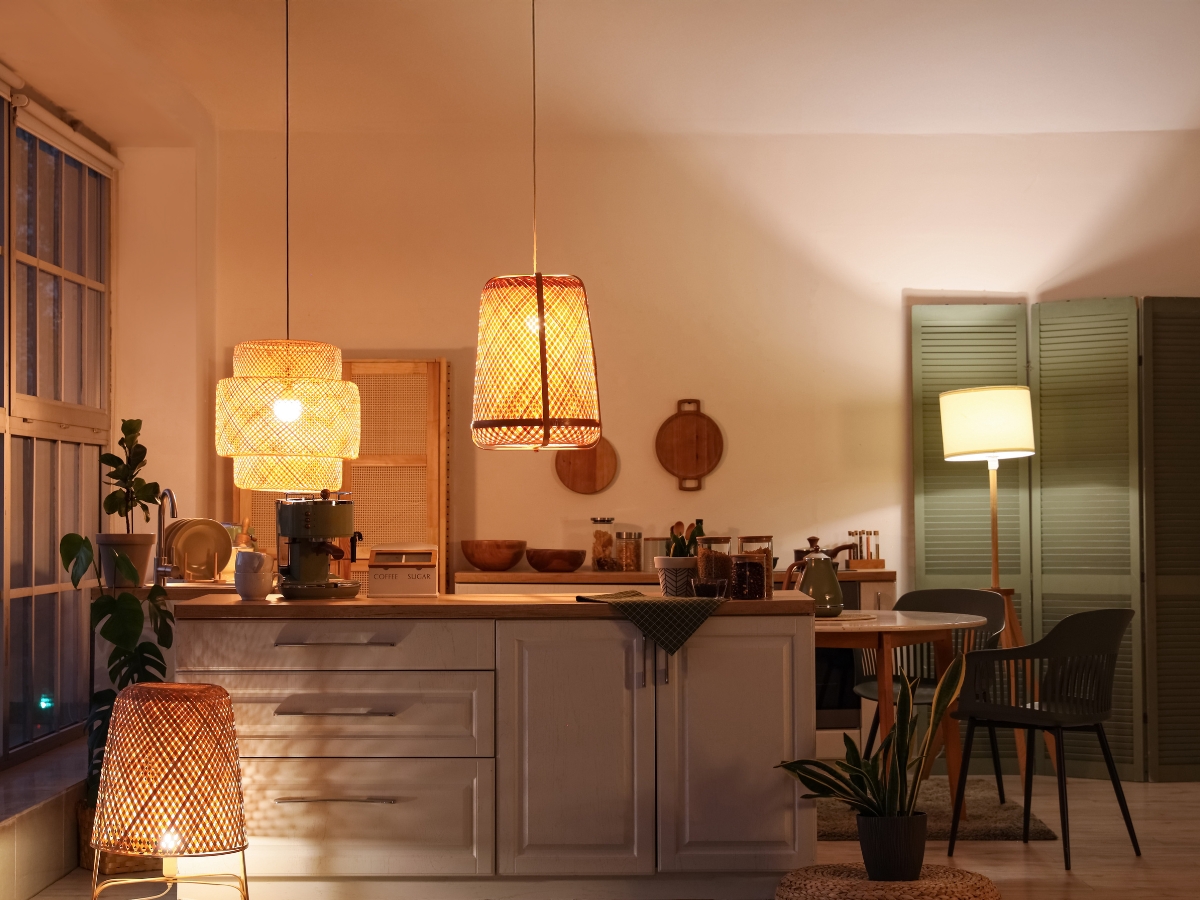 Essential Kitchen Lighting Design for Atlanta Homes 3 A kitchen with white cabinets, hanging woven pendant lights that add warm kitchen lighting, a wooden island, houseplants, and various kitchenware, softly lit in the evening.
