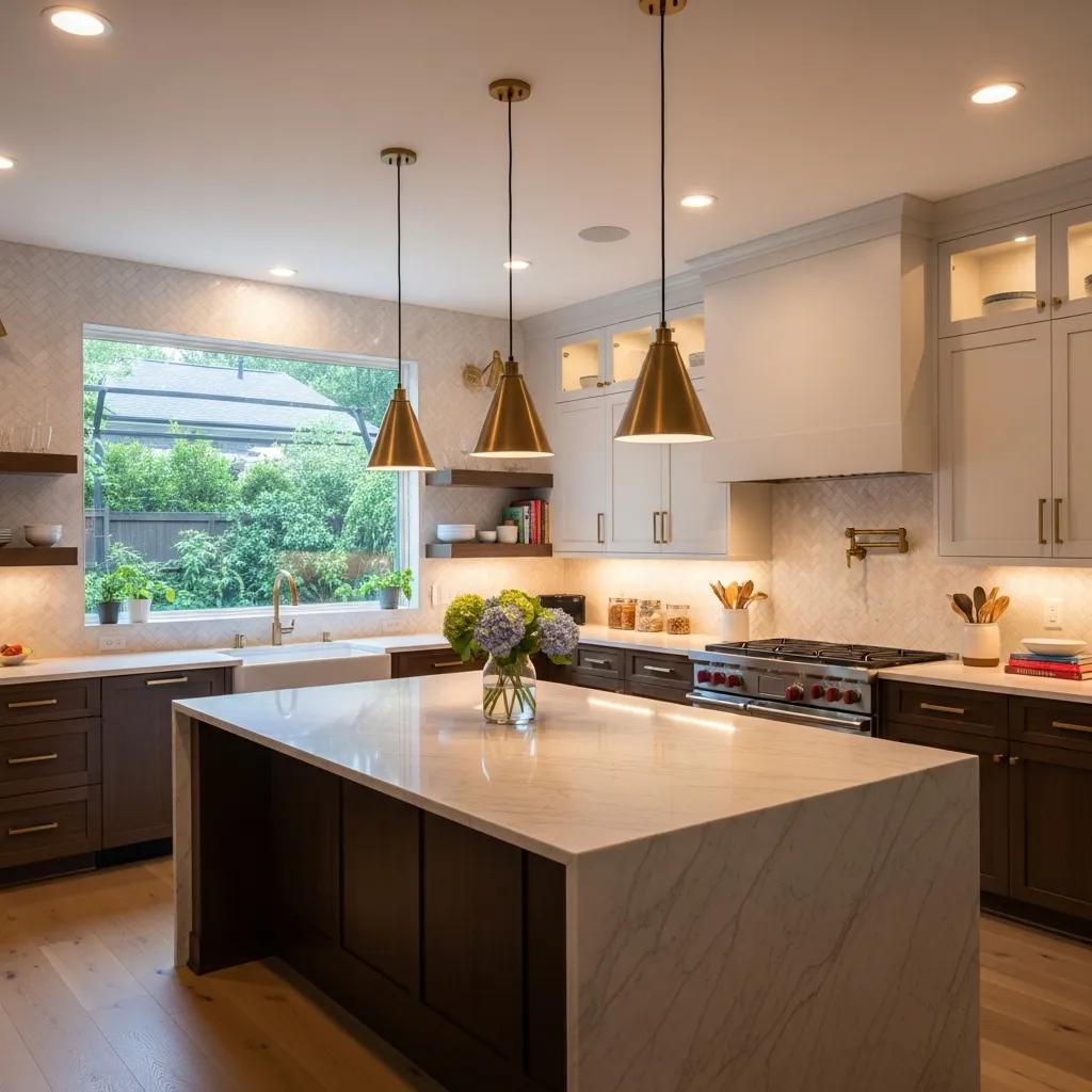Modern kitchen in Atlanta with stylish pendant, under cabinet, and recessed lighting