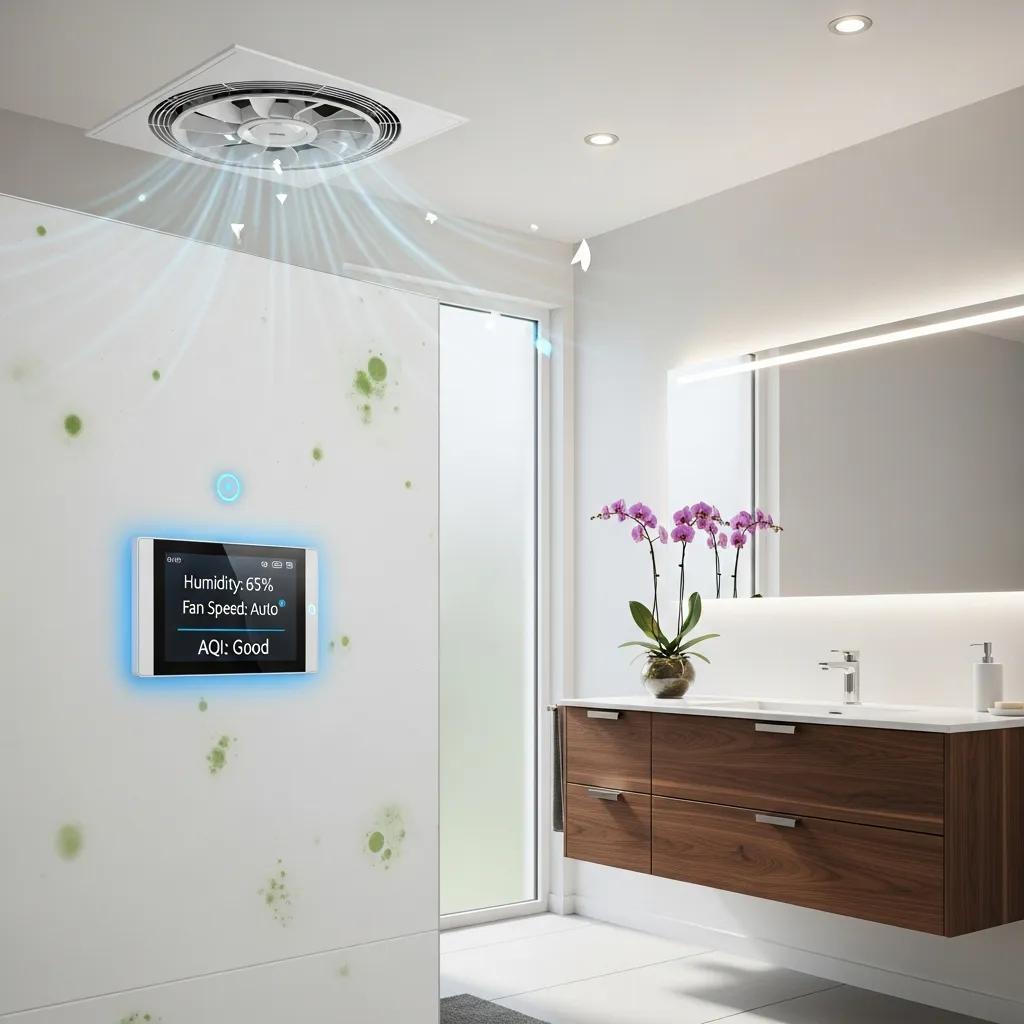 Smart ventilation system in a modern bathroom preventing mold growth