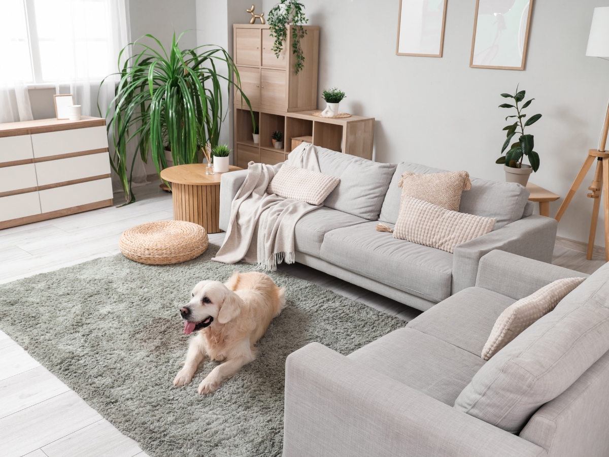 A golden retriever lies on a green rug in a bright, modern living room with pet friendly design, featuring light-colored furniture, plants, and minimal decor.