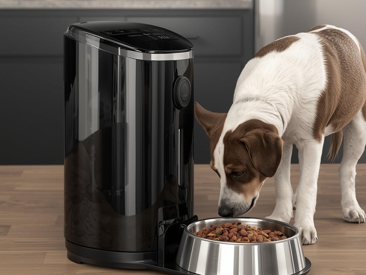 A dog eats kibble from a stainless steel bowl next to a black automatic pet feeder on a wooden floor in a modern kitchen with pet friendly design.