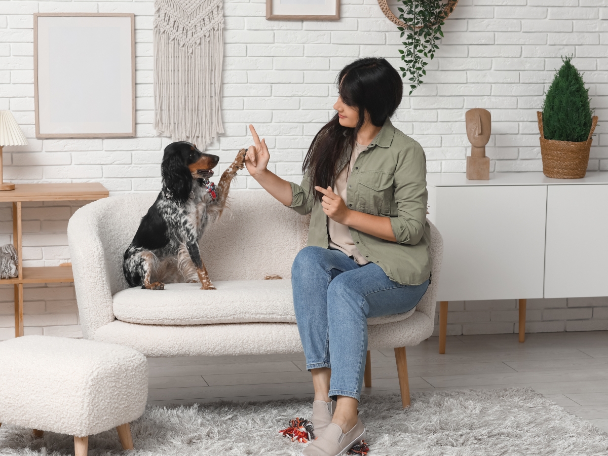 A woman sitting on a couch trains a black and white dog to give a paw in a modern, pet friendly living room with white decor and plants.