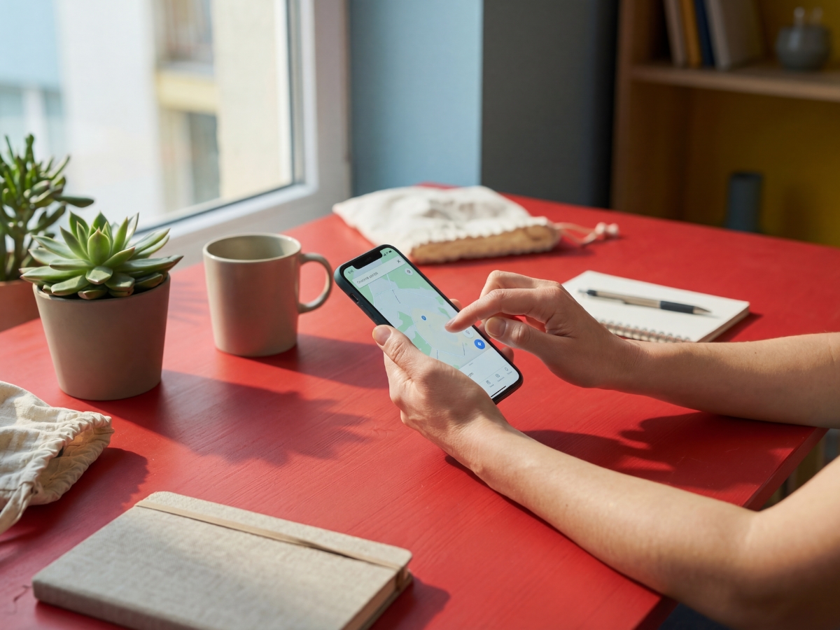 Person using a smartphone to view a map app while sitting at a red desk with a notebook, mug, plant, and a window nearby—creating an inspiring mood board of productivity and creativity.