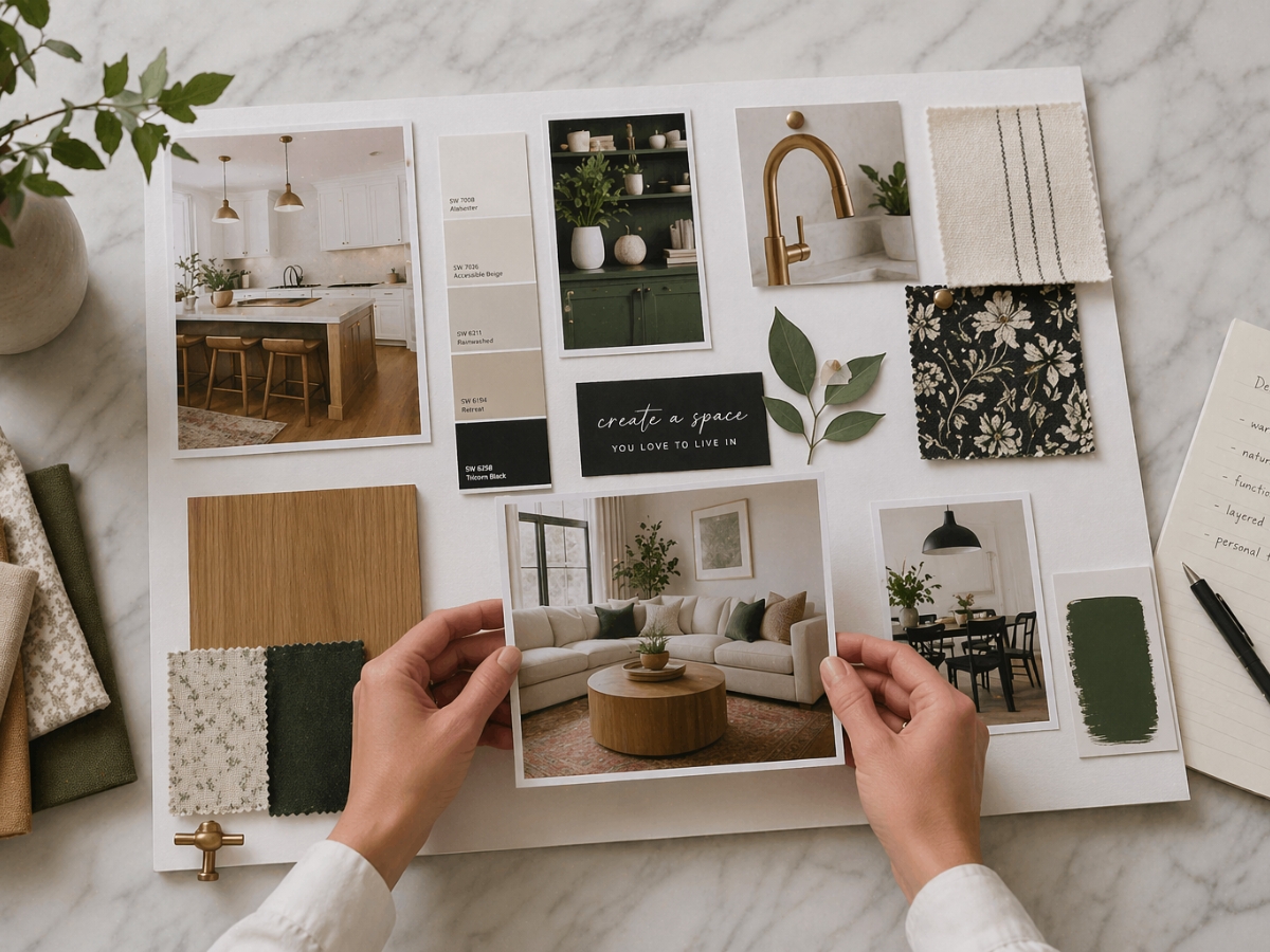 A person thoughtfully arranges a mood board with interior design photos, paint samples, fabric swatches, leaves, and handwritten notes across a marble surface.