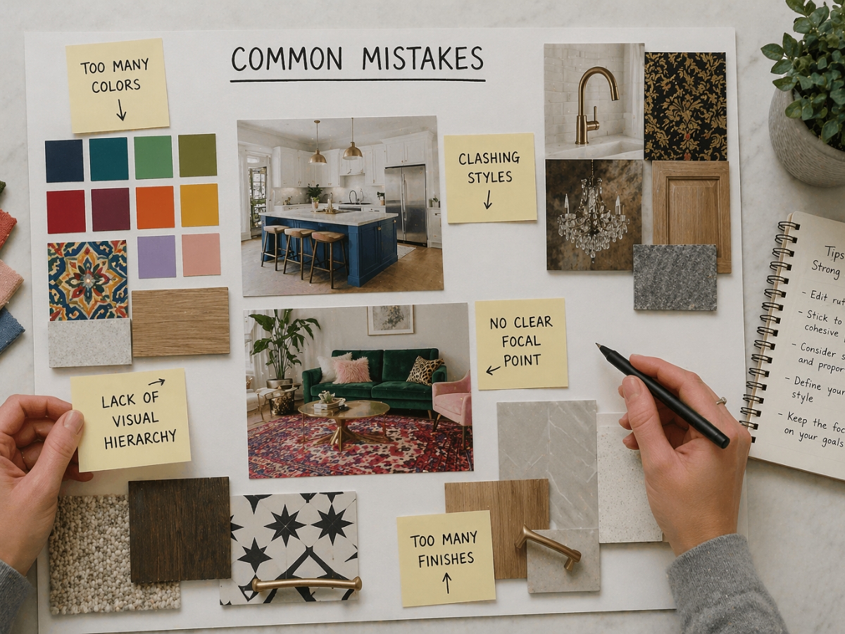 A Mood Board labeled "Common Mistakes" displays color swatches, material samples, photos of rooms, and sticky notes highlighting issues like too many colors, clashing styles, and lack of visual hierarchy.
