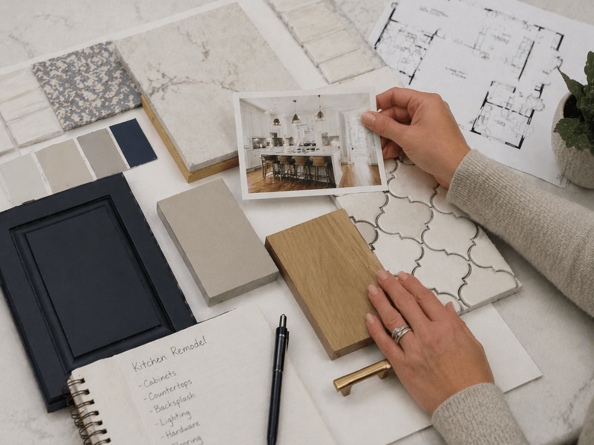Person reviews color swatches, cabinet samples, and a kitchen photo alongside a mood board, with floor plans and a kitchen remodel checklist on a notepad on the table.
