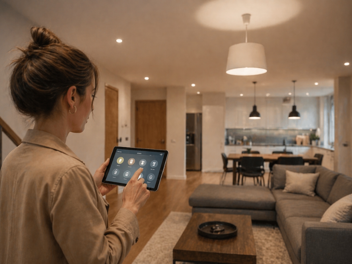 A person uses a tablet to control smart home devices, including smart lighting, in a modern open-plan living room and kitchen.