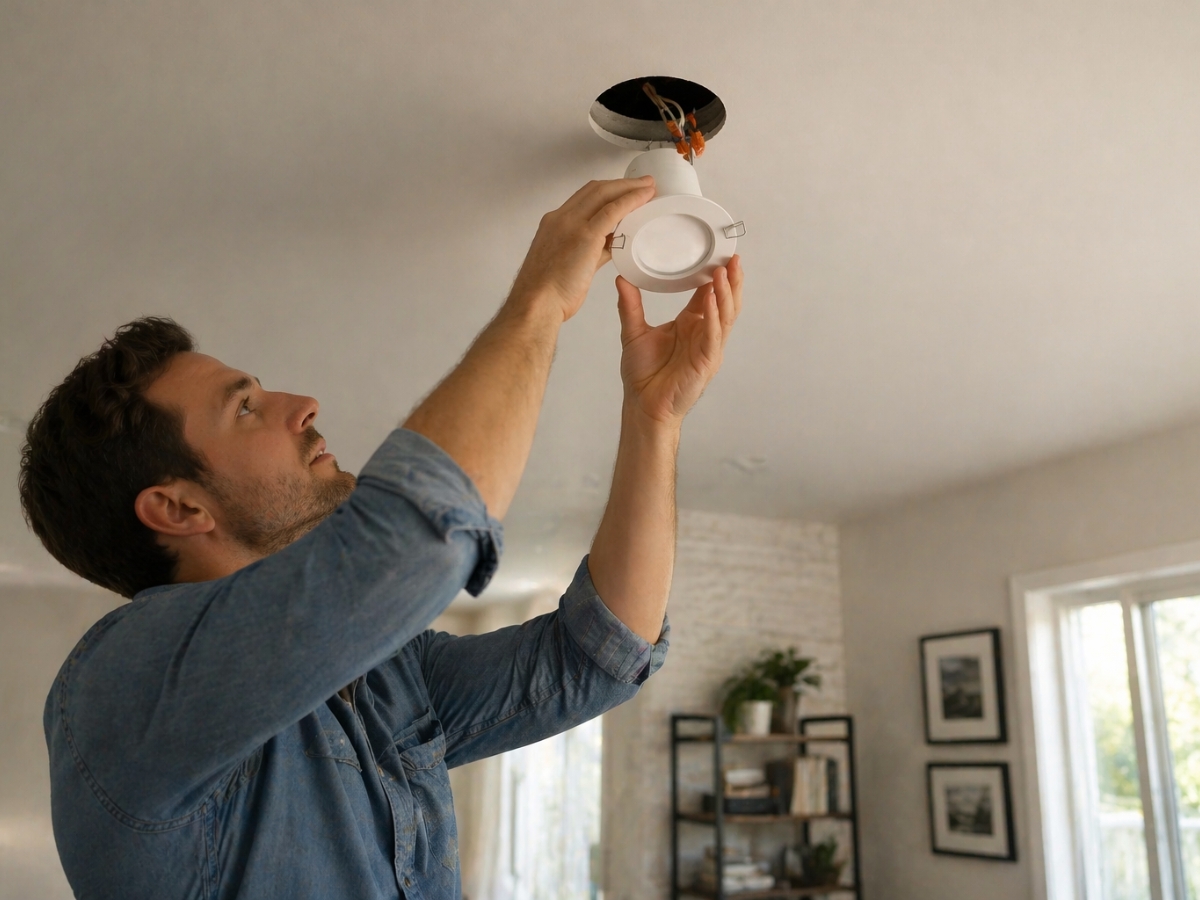 A man in a denim shirt installs or removes a Smart Lighting fixture from the ceiling in a living room.