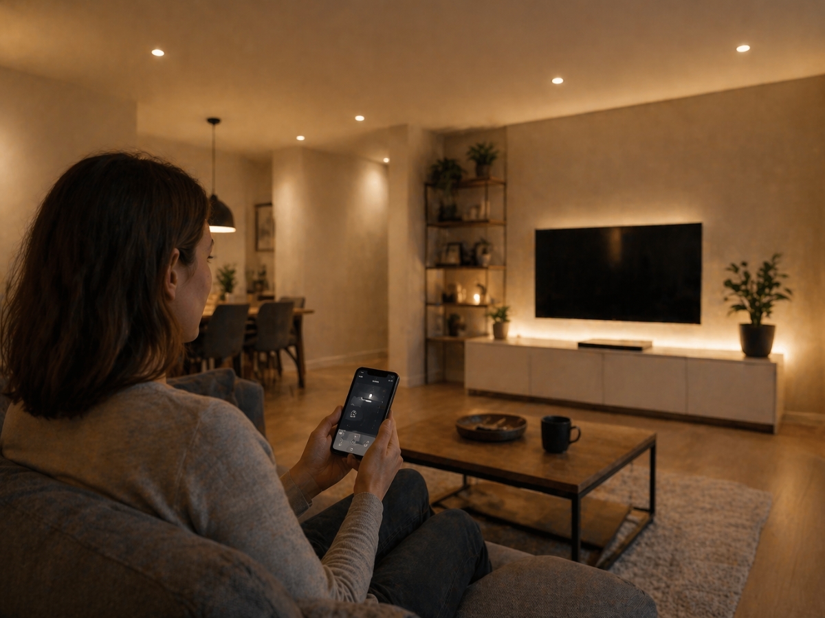 A person sits on a sofa in a modern living room, using a smartphone to control smart home features like Smart Lighting, with a TV, shelves, and dining area visible.