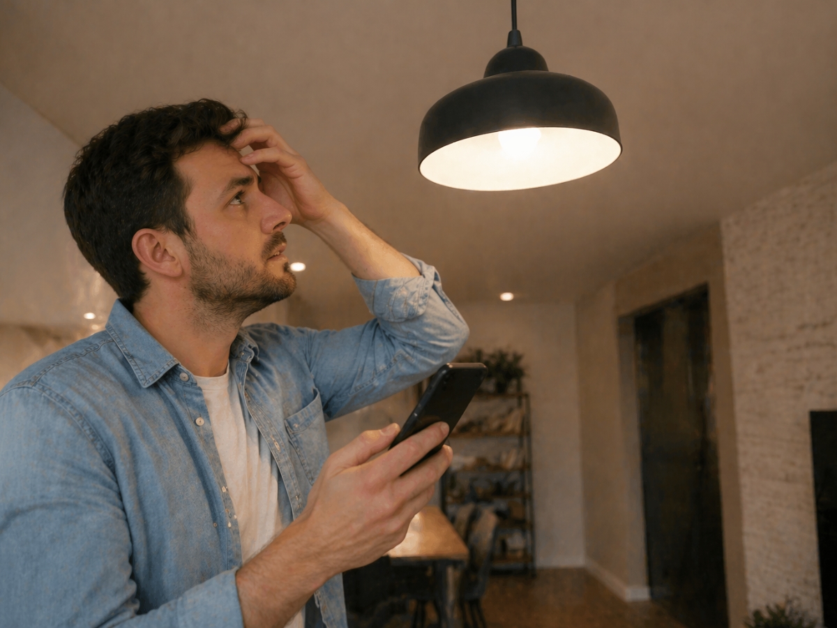 A man holding a phone looks up at a lit ceiling lamp, appearing puzzled by the new smart lighting system.