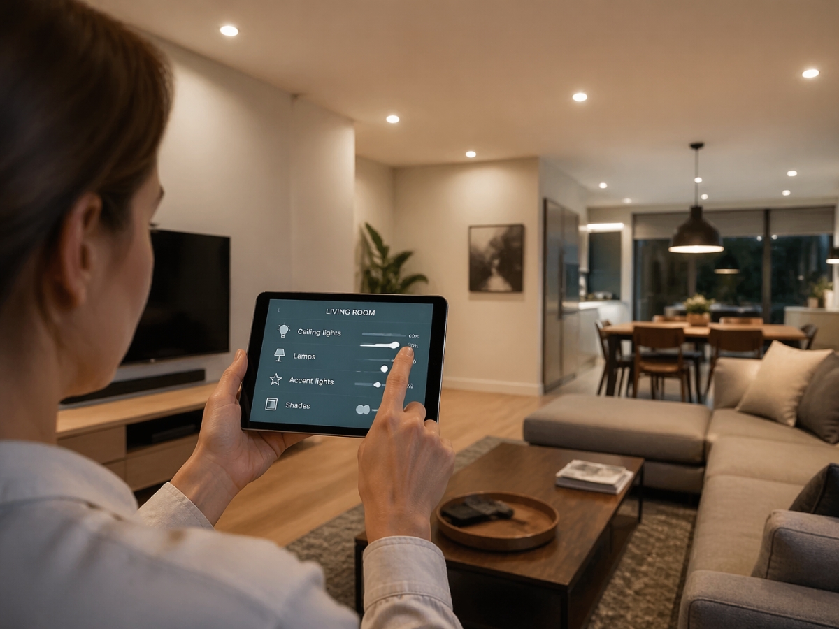 A person adjusts smart lighting in a modern living room using a smart home control tablet, with a view of the open living and dining area.