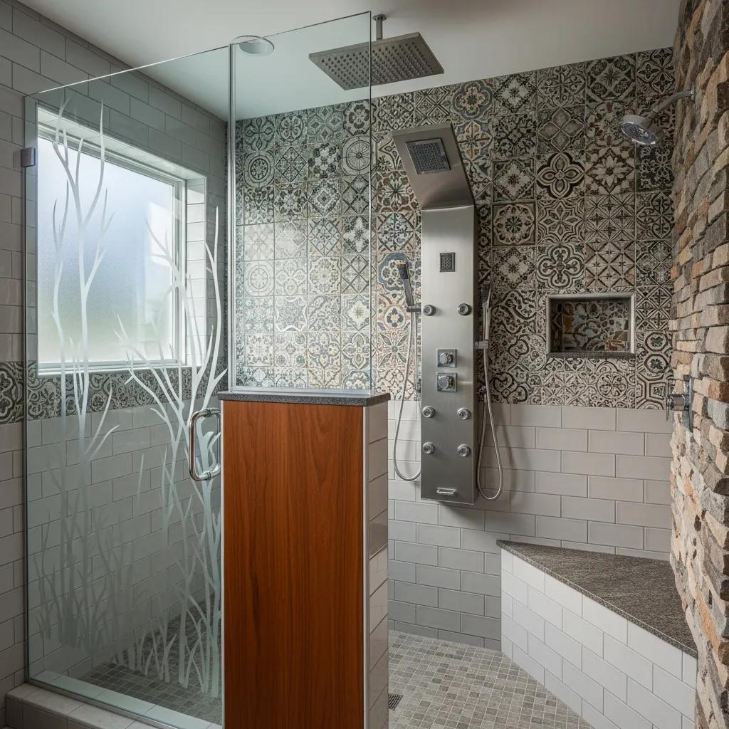 Custom walk-in shower with unique door designs and mixed tile patterns