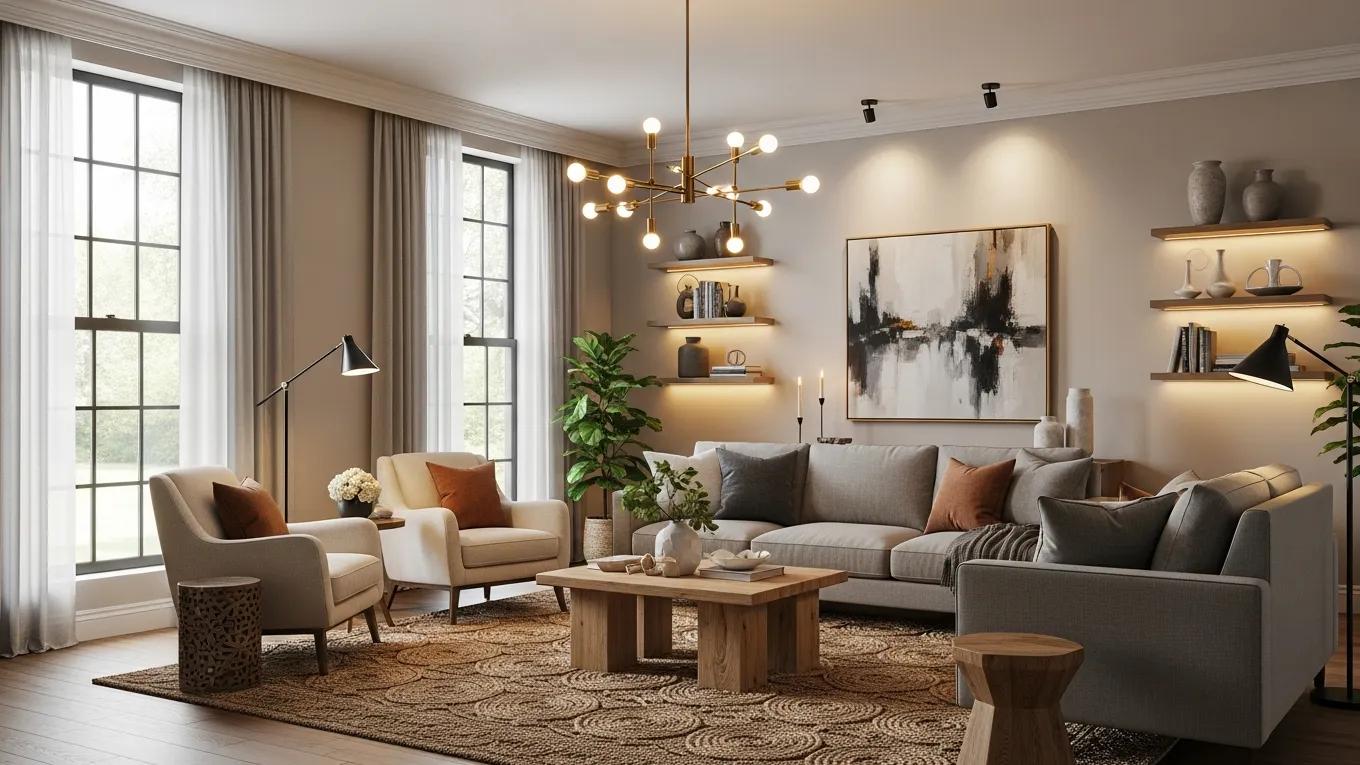 Living room with effective lighting design showcasing ambient, task, and accent lighting