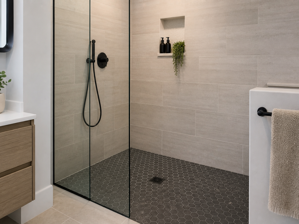 Modern walk-in shower with glass door, black hexagon floor tiles, beige wall tiles, a built-in shelf holding bottles and a plant, and a sleek black walk in shower fixture.