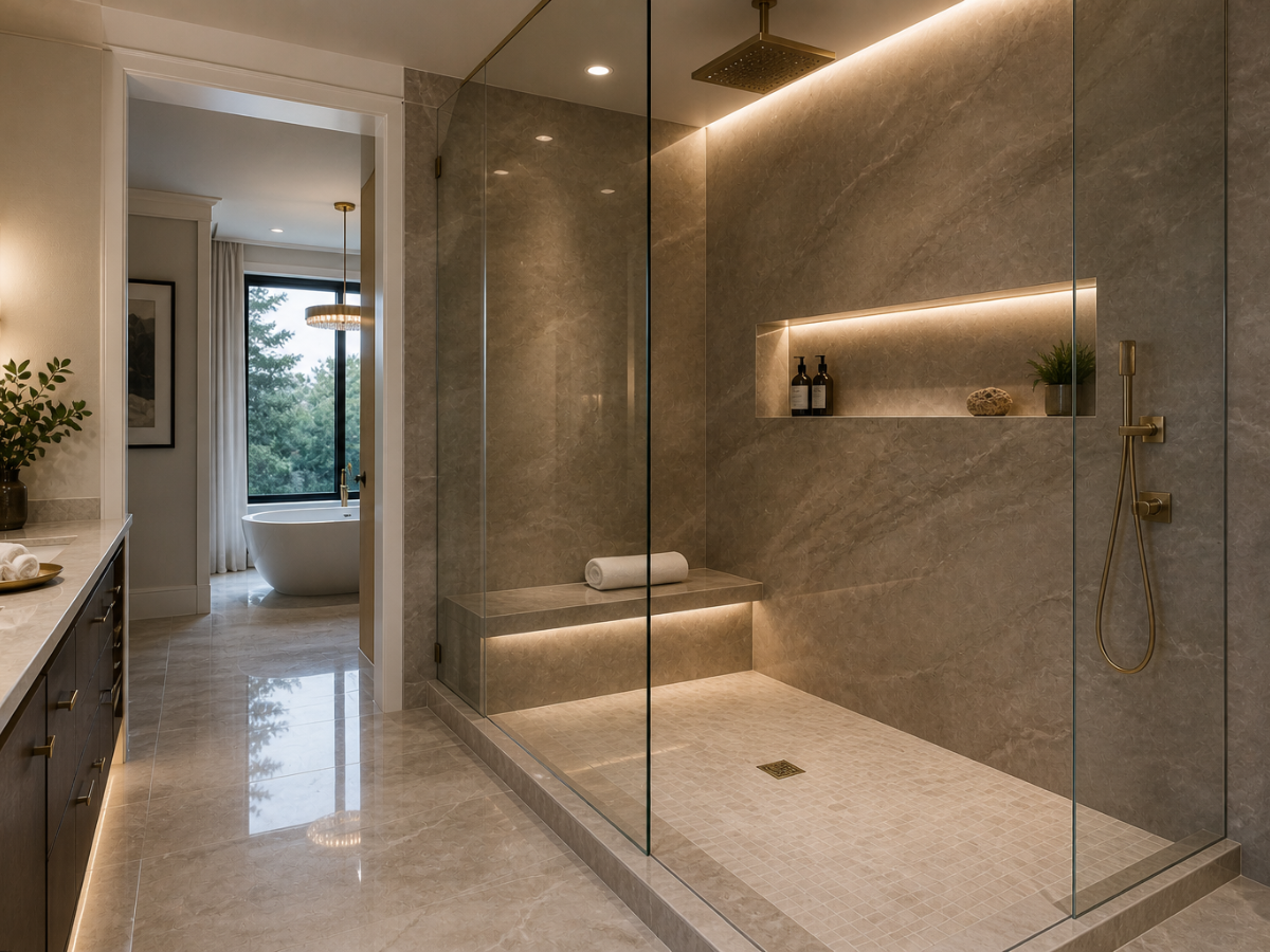 Modern bathroom featuring a spacious walk-in shower with glass enclosure, built-in bench, rain showerhead, and backlit recessed shelf; soaking tub visible in adjacent room.
