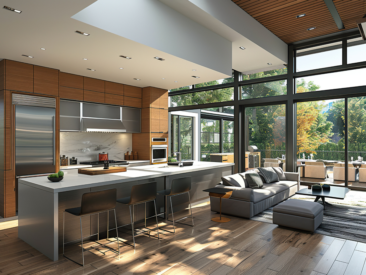 Effective Lighting Design for Home Remodeling 3 Modern open-concept kitchen and living area with wood accents, large windows, an island with bar stools, thoughtful lighting design, and a view of a patio and trees outside.