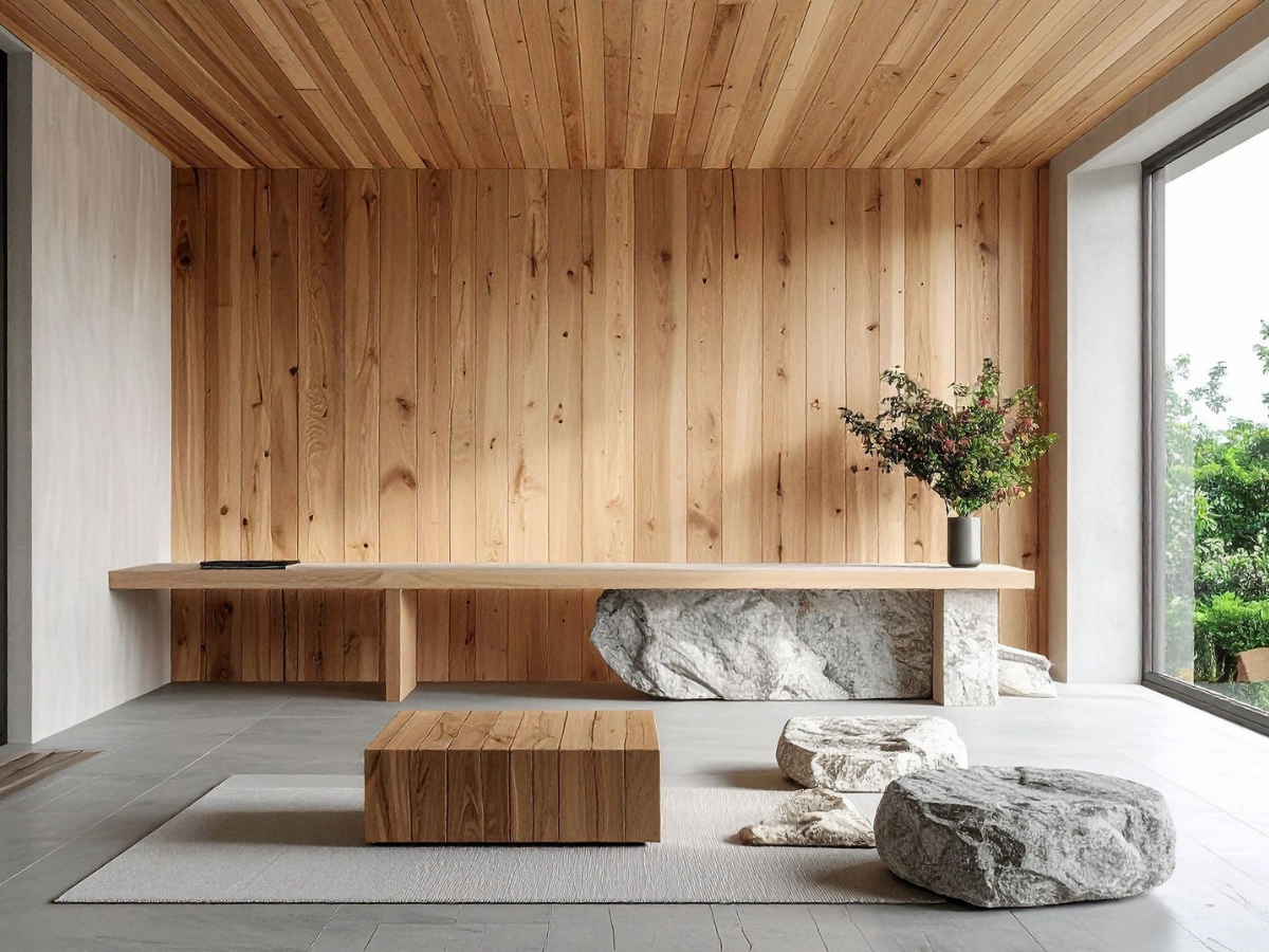 Achieving a Minimalist Design in Your Home Remodel 8 Minimalist room with wooden walls and ceiling, stone accents, a low wooden bench, a square wooden table, large stones, and a plant in a vase beside a large window showcase the essence of minimalist design.