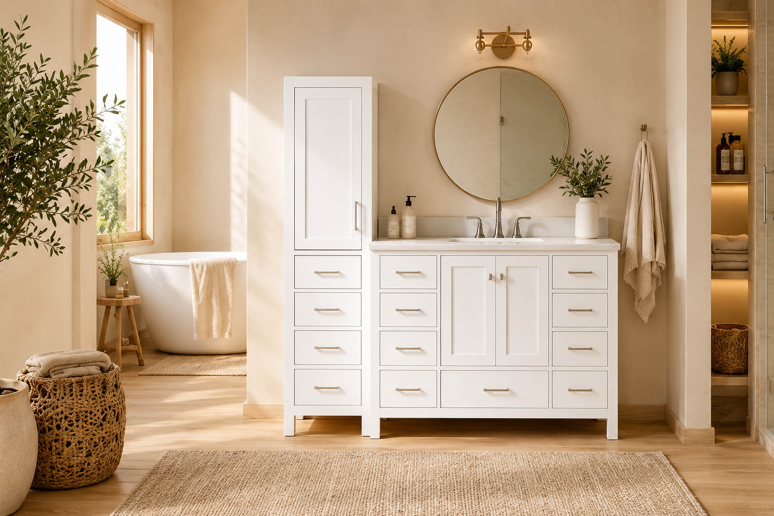 Modern bathroom renovation with a white vanity, round mirror, potted plants, woven basket, and freestanding tub by a window, all bathed in natural light.