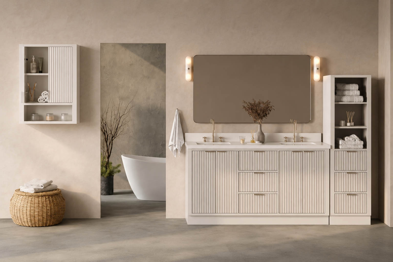 Modern bathroom with double vanity, large mirror, open shelving with towels, wall-mounted cabinet, and a freestanding bathtub in the background; neutral color palette highlights this stunning bathroom renovation, perfect for an inspiring commercial restroom design.
