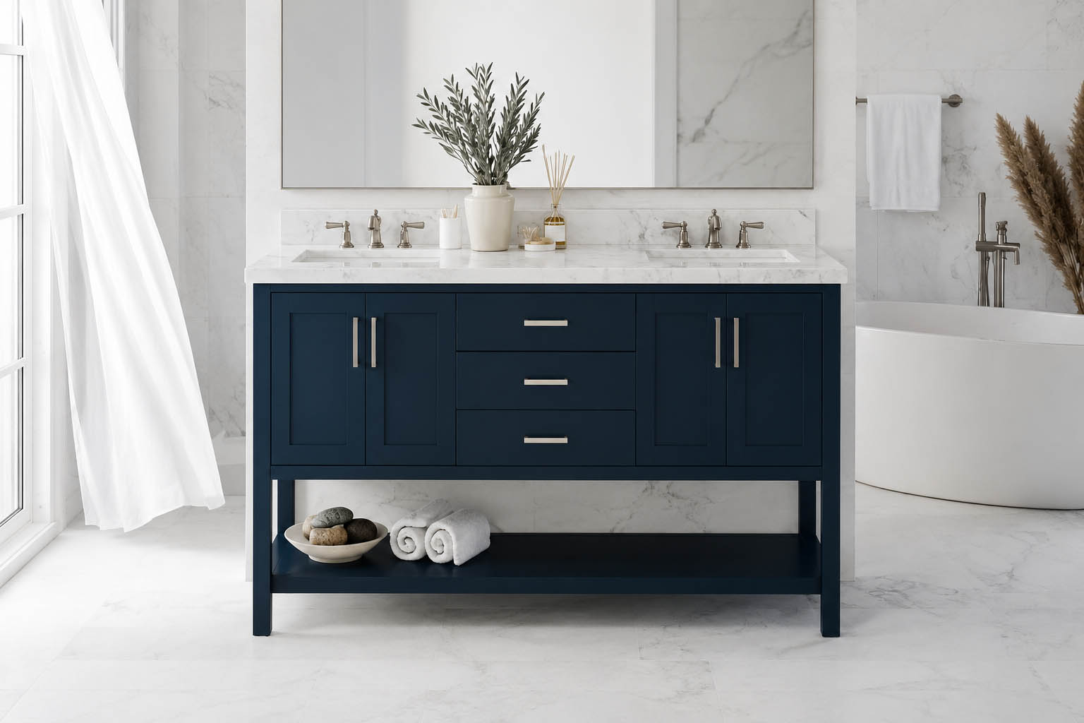 Navy blue double-sink bathroom vanity with silver hardware, marble top, potted plant, and rolled towels on an open shelf in a bright, modern bathroom—perfect for an office bathroom remodel or a stylish commercial restroom design.