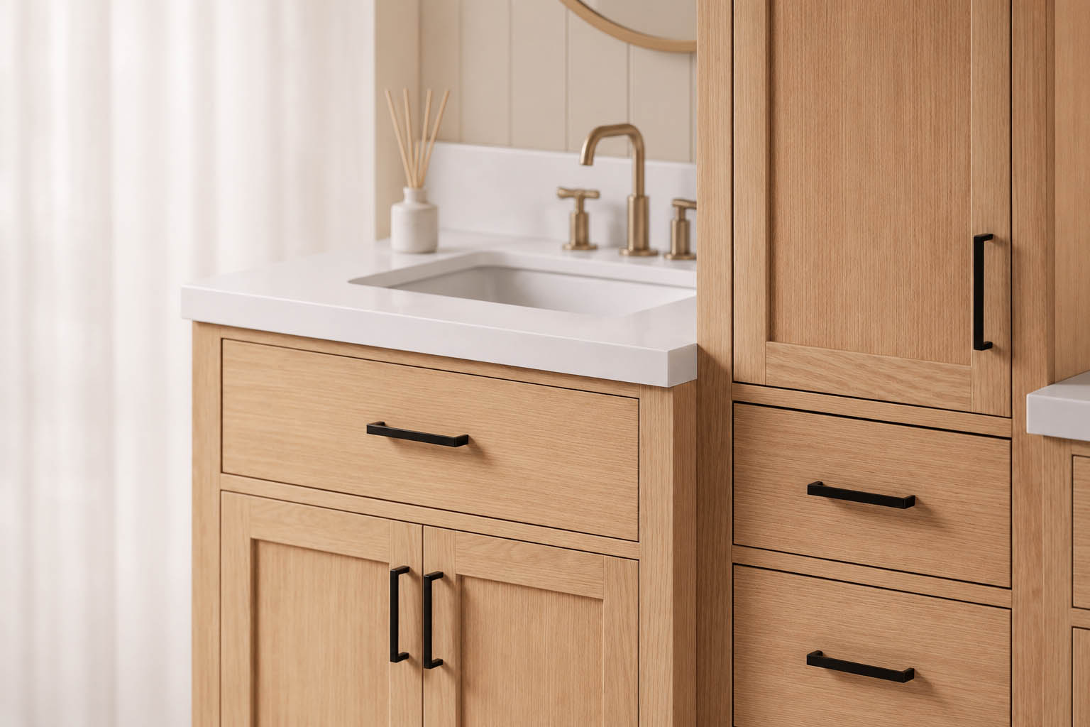 A light wood bathroom vanity with black handles, a white countertop, a built-in sink, and a beige wall with a round mirror and reed diffuser—perfect for an elegant office restroom transformation.