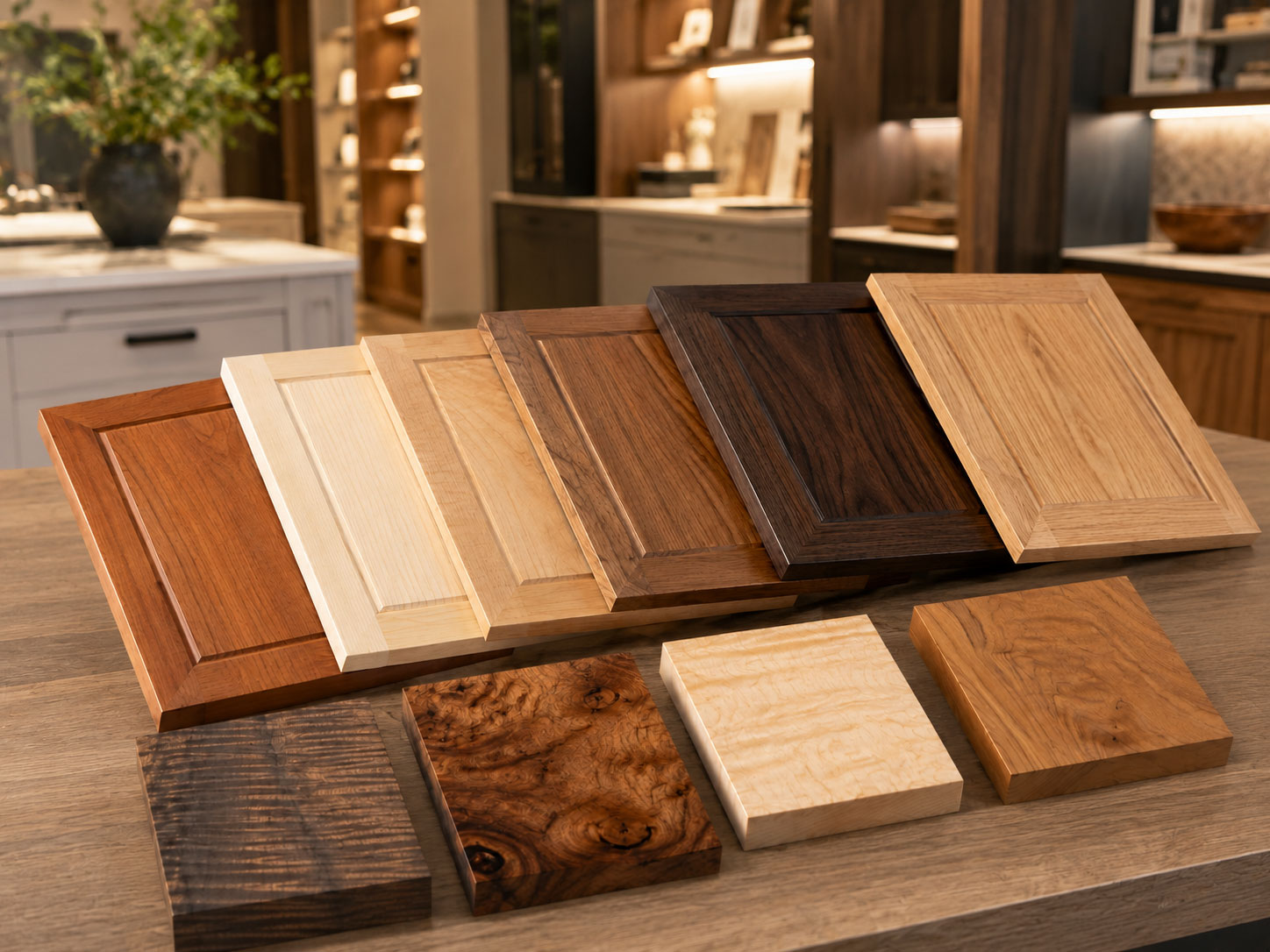 Eight wood cabinet door samples in various shades and grain patterns are displayed upright on a table in a showroom setting, with three additional flat wood samples in front—perfect for inspiring your next commercial restroom design or office bathroom remodel.