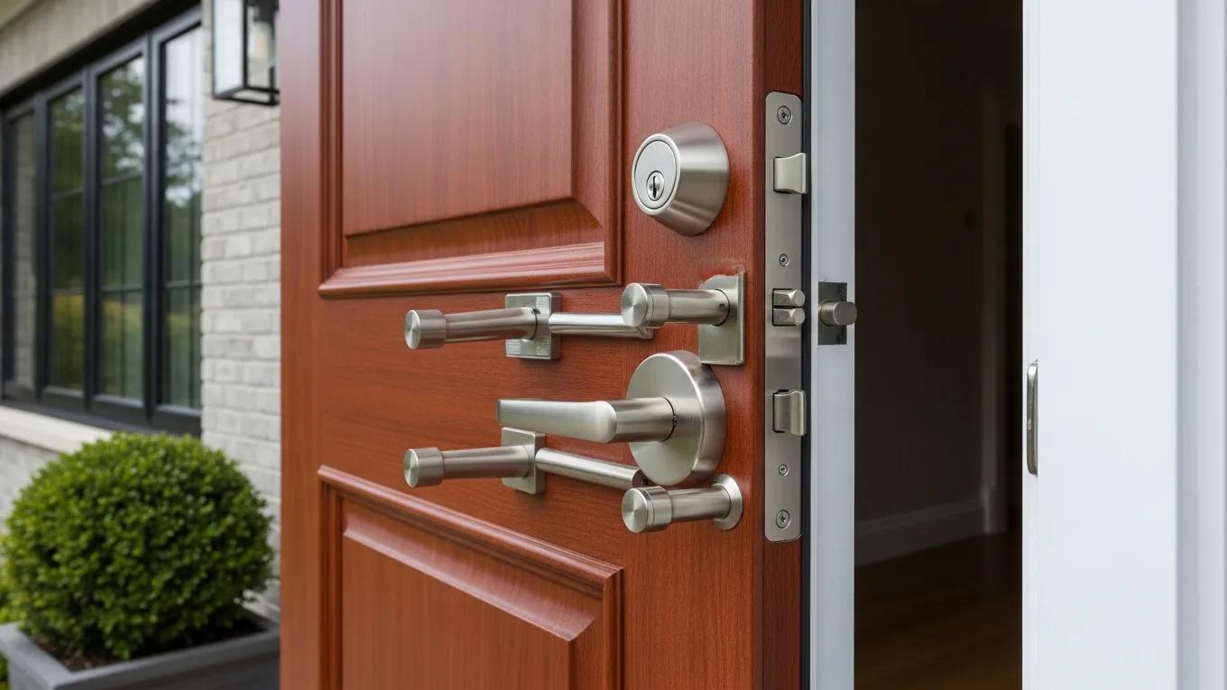 Fiberglass exterior door with security features enhancing home safety and energy efficiency