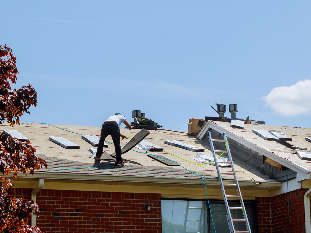 A worker installs shingles on a sloped roof using roofing materials and tools, with a ladder propped against the building under a clear blue sky.