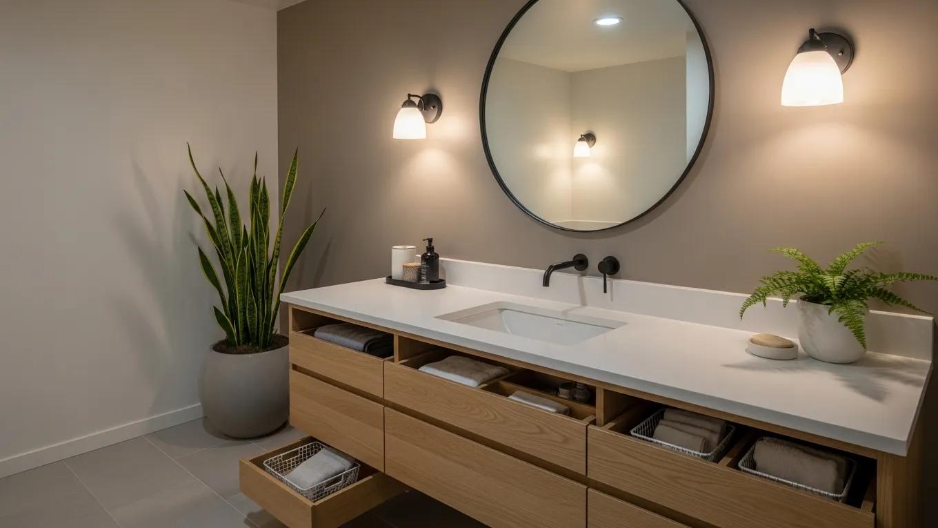 Stylish bathroom vanity with modern design and organized storage solutions