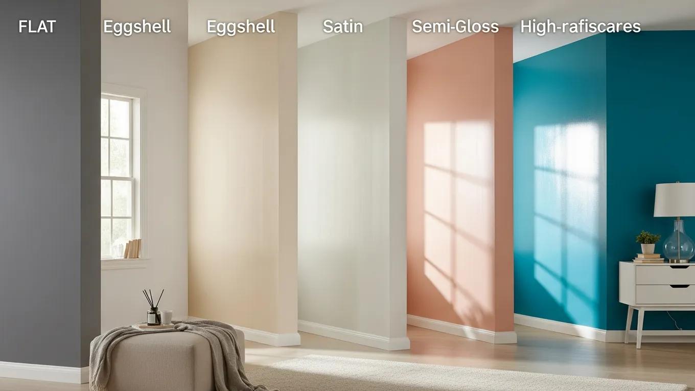 Various paint sheens displayed in a well-lit room, showcasing their textures and reflections