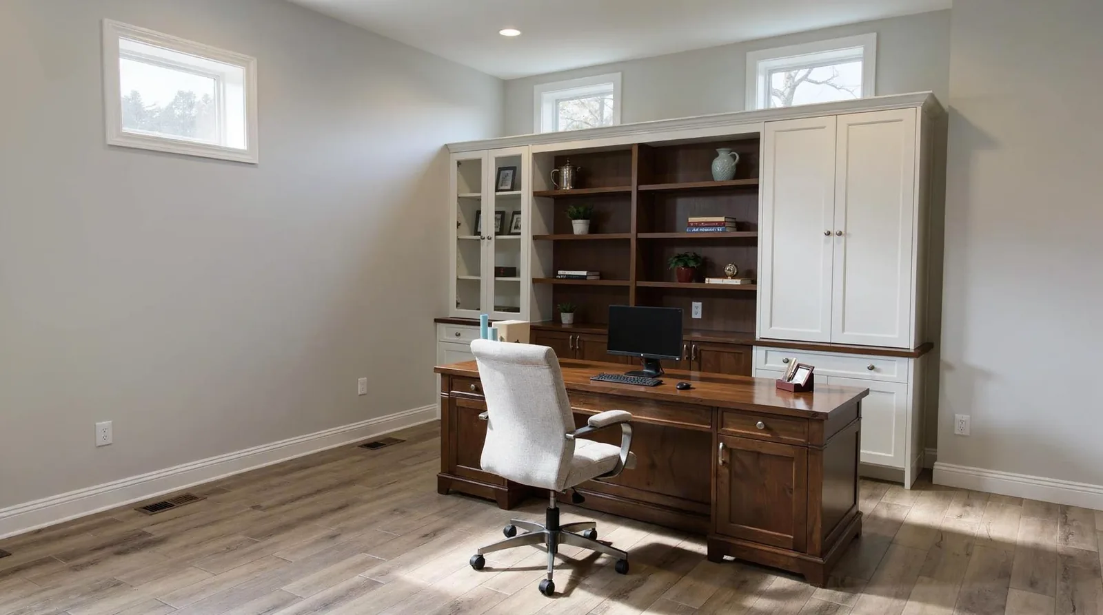 Basement office designs can range from modern minimalist setups to cozy, rustic nooks depending