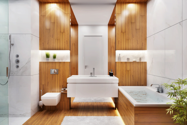 A modern commercial bathroom with wooden walls and wooden floors.