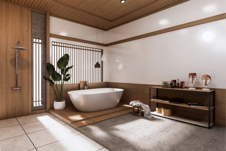 A bathroom remodel with wood paneling and a luxurious tub.